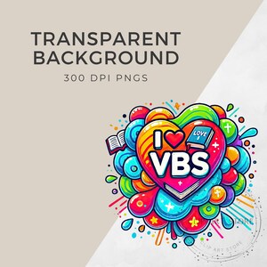 K&ouml;nnte beinhalten: Farbige Illustration eines Herzens mit den Worten "I Love VBS" darin. Das Herz ist umgeben von bunten Formen, Sternen und Kreuzen. Der Text "LOVE" befindet sich auf einem kleinen ge&ouml;ffneten Buch.
