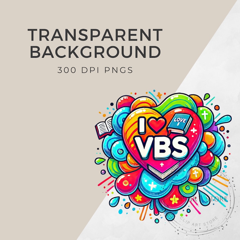 K&ouml;nnte beinhalten: Farbige Illustration eines Herzens mit den Worten "I Love VBS" darin. Das Herz ist umgeben von bunten Formen, Sternen und Kreuzen. Der Text "LOVE" befindet sich auf einem kleinen ge&ouml;ffneten Buch.
