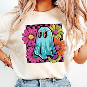 Neon Floral Ghost PNG: Retro Halloween Sublimation Design