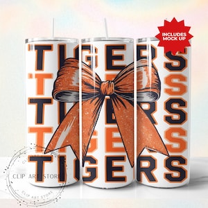 Tigers School Team Maskottchen Bogen Tumbler Wrap, Orange Team Football, Jubeln, Schulgeist, Spieltag, Sport Mom Sublimation Design, 20 Unzen Skinny
