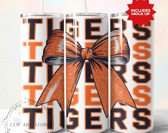 Tigers School Team Maskottchen Bogen Tumbler Wrap, Orange Team Football, Jubeln, Schulgeist, Spieltag, Sport Mom Sublimation Design, 20 Unzen Skinny