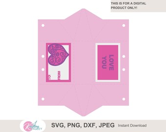 Love You V Fold Gift Card Box SVG for an anniversary gift card holder digital file for gift card holder with to and from design on gift box