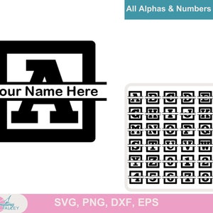 May include: A black and white graphic design of a letter A inside a square with a horizontal line above and below the letter. The text "Your Name Here" is above the line. The image includes a grid of all the letters of the alphabet and numbers 0-9 in the same style.