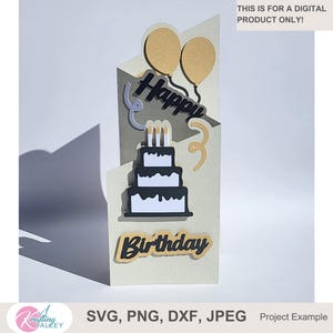Happy Birthday Tri-fold greeting card SVG Birthday card digital template multi layered pop up card layering cake balloons and streamers card
