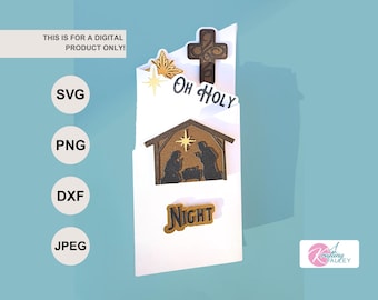 Oh Holy Night Z-vikkort SVG julhälsningskort 2D 3D-kort digital mall flerskiktad julkrubba kort religiöst