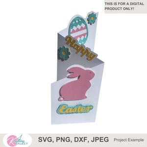 Joyeuses Pâques Slimline Z fold carte de voeux SVG, modèle numérique de carte de Pâques, carte multicouche, lapin, oeuf de Pâques et carte de fleurs SVG PNG