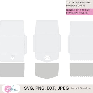 Envelope de cartão tamanho A2 Pacote SVG de 3 designs de envelope diferentes com aba de vieira aba triangular e reta com corte para dentro da aba
