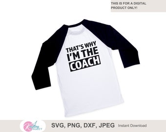 May include: A white and black baseball t-shirt with the text "That's why I'm the coach" in black.