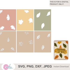 May include: Digital download of six square tile designs featuring white leaf silhouettes on a variety of colored backgrounds. The tiles are arranged in a 2x3 grid. A card with the text "Thinking of You" and a fall leaf pattern is also included.
