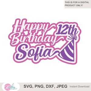 Topo de bolo de feliz aniversário de 12 anos personalizado SVG Arquivo digital personalizado de feliz aniversário de 12 anos em camadas, topo de bolo 3D, arquivo de corte PNG