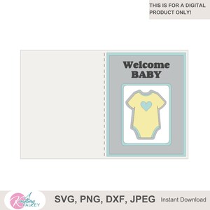 May include: A digital greeting card design featuring the text Welcome BABY in dark grey font. Below the text is a yellow baby onesie graphic with a light blue heart in the centre, framed by a light blue border on a grey background.