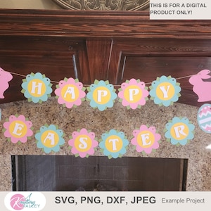 Bannière Joyeuses Pâques SVG, bannière 3D 2D multicouche, superposition de lapin de Pâques, oeuf de Pâques multicouche, fleurs multicouches, fanion de Pâques