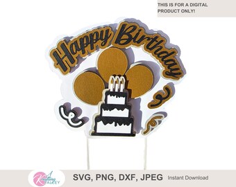Gelukkige verjaardag taart topper SVG 2D taart topper sjabloon verjaardagsfeestje decor meerlaagse taart en ballonnen taart topper met confetti