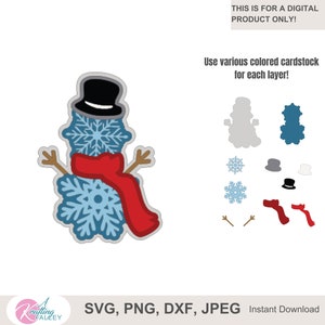 Boneco de neve SVG com arquivo digital de várias camadas PNG JPEG homem de floco de neve em camadas com chapéu e lenço para fazer cartões de scrapbooking e artesanato em papel
