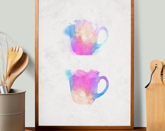 2 Watercolor Coffee Cups Poster, Two Colorful Minimalistic Mugs Wallart, Modern Cafe Digital Print, Digital Download