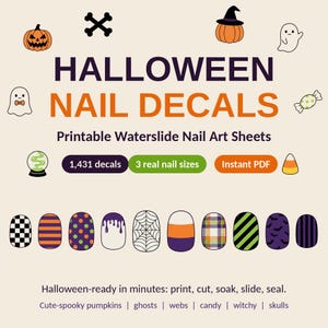 Könnte beinhalten: Halloween-Nagelaufkleber mit druckbaren Wasserschiebe-Nagelkunstbögen mit 1.431 Motiven. Die Grafik enthält Text, Symbole von Kürbissen, Geistern und Süßigkeiten sowie eine Reihe von zehn nagelförmigen Mustern mit karierten, gestreiften und Netzmotiven.