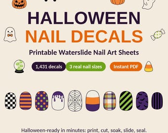 May include: Halloween nail decals featuring printable waterslide nail art sheets with 1,431 designs. The graphic includes text, icons of pumpkins, ghosts, and candy, and a row of ten nail-shaped patterns with checkered, striped, and web motifs.