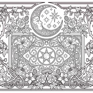 K&ouml;nnte beinhalten: Eine rechteckige Schwarz-Wei&szlig;-Strichzeichnung mit einem zentralen Halbmond mit Gesicht, umgeben von Sternen, Rosen, Lilien, Efeuranken und Pilzen. Das Design enth&auml;lt geometrische kreisf&ouml;rmige Motive in den Ecken der rechteckigen Umrandung.