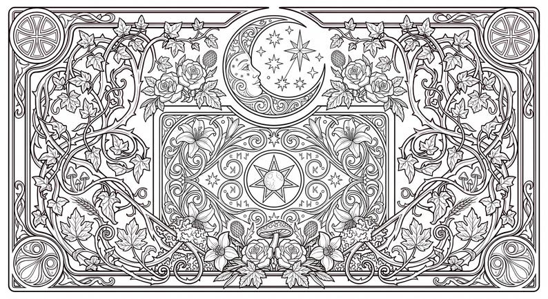 K&ouml;nnte beinhalten: Eine rechteckige Schwarz-Wei&szlig;-Strichzeichnung mit einem zentralen Halbmond mit Gesicht, umgeben von Sternen, Rosen, Lilien, Efeuranken und Pilzen. Das Design enth&auml;lt geometrische kreisf&ouml;rmige Motive in den Ecken der rechteckigen Umrandung.