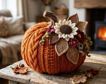 May include: A round, orange, cable-knit pumpkin decoration featuring a brown stem and a decorative cluster of crocheted elements, including a large white sunflower, small dark red flowers, green curly vines, and several brown leaves.