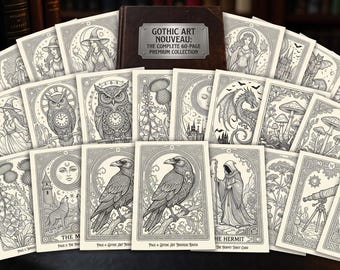 May include: A collection of rectangular cards featuring intricate line art illustrations in a gray and white palette. The cards display various subjects including owls, ravens, mushrooms, and figures. A central book is labeled Gothic Art Nouveau.
