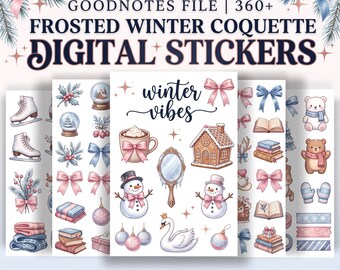 May include: A digital sticker set featuring over 360 frosted winter coquette elements. The collection includes illustrations of ice skates, snow globes, bows, a gingerbread house, a snowman, a swan, books, and bears in soft pastel colors.