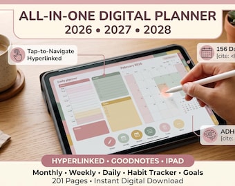 May include: An all-in-one digital planner for 2026, 2027, and 2028 displayed on a tablet screen. The interface features a daily planner, monthly calendar, habit tracker, and goals. Text includes Tap-to-Navigate Hyperlinked, 156 Dated Weeks, and ADHD Friendly. The planner is compatible with Goodnotes and iPad.