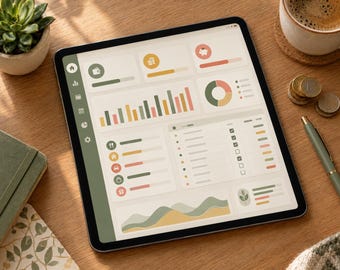 May include: A tablet displaying a financial dashboard interface with various charts, progress bars, and icons. The screen features a vertical navigation bar on the left side, a central bar graph, a circular pie chart, and a list of categorized items.