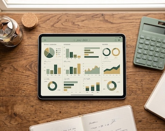 May include: A tablet displaying a financial budget overview with various charts and graphs, including pie charts, bar graphs, and line charts. The screen shows the text "MAJ 2024". Nearby are a glass jar of coins, a green calculator, and two notebooks with a pen.