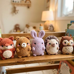 Könnte beinhalten: Ein Set aus fünf gehäkelten Plüschtieren, die in einer Reihe auf einem Holzregal stehen. Die Figuren umfassen einen rostfarbenen Fuchs, einen braunen Bären, einen helllila Hasen, einen cremefarbenen Igel und eine braune Eule.