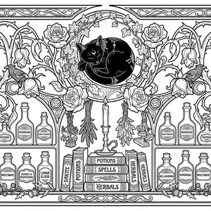 K&ouml;nnte beinhalten: Eine schwarz-wei&szlig;e Strichzeichnung mit einer schlafenden Katze, umgeben von Rosen und Ranken. Darunter befinden sich Regale mit beschrifteten Glasflaschen wie Belladonna, Mandrake, Wolfsbane, Essence of Nightshade und Lunar Elixir sowie B&uuml;cher mit den Titeln Potions, Spells und Herbals.