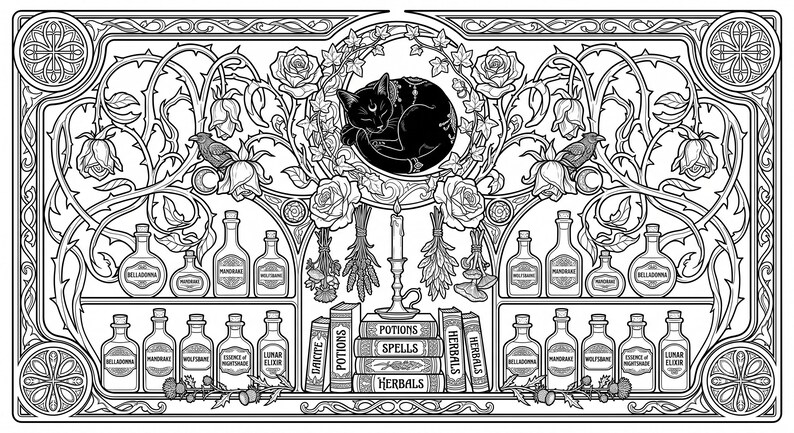 K&ouml;nnte beinhalten: Eine schwarz-wei&szlig;e Strichzeichnung mit einer schlafenden Katze, umgeben von Rosen und Ranken. Darunter befinden sich Regale mit beschrifteten Glasflaschen wie Belladonna, Mandrake, Wolfsbane, Essence of Nightshade und Lunar Elixir sowie B&uuml;cher mit den Titeln Potions, Spells und Herbals.