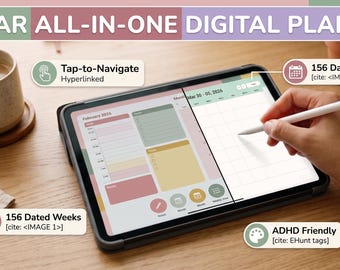 Könnte beinhalten: Ein 3-Jahres-All-in-One-Digitalplaner auf einem Tablet-Bildschirm mit Eingabestift. Die Benutzeroberfläche zeigt pastellfarbene Bereiche, eine Kalenderansicht für den 30. März bis 5. April 2026 sowie Beschriftungen für Navigation und Wochen.