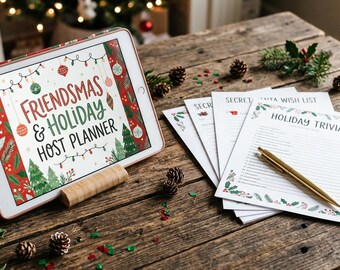 May include: A tablet displaying a Friendsmas & Holiday Host Planner graphic with festive red and green illustrations, alongside a stack of printed Holiday Trivia and Secret Santa Wish List sheets with a gold pen resting on top.
