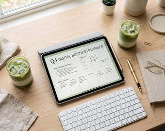 May include: A tablet displaying a Q4 Digital Business Planner with a Black Friday strategy template, featuring a weekly scheduler and task lists. The tablet is paired with a white wireless keyboard and a gold stylus on a light wood surface.