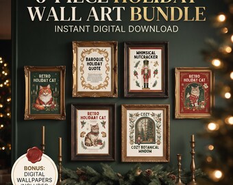 May include: A 6-piece holiday wall art bundle featuring digital prints in ornate frames. The collection includes illustrations of cats, a nutcracker, and botanical window scenes with text such as Retro Holiday Cat and Whimsical Nutcracker.