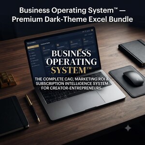 以下が含まれることがあります： Business Operating System Premium Dark-Theme Excel Bundleを表示するノートパソコン。画面にはBusiness Operating System, The complete CAC, marketing ROI & subscription intelligence system for creator-entrepreneursと記載されています。