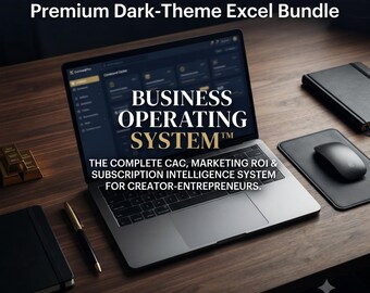 May include: A laptop displaying the Business Operating System Premium Dark-Theme Excel Bundle with text reading Business Operating System, The complete CAC, marketing ROI & subscription intelligence system for creator-entrepreneurs.