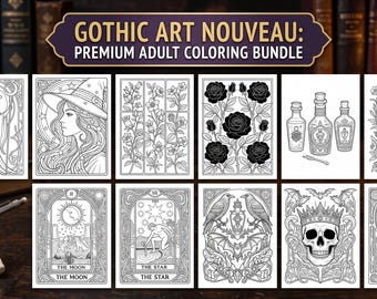 May include: A digital coloring bundle titled GOTHIC ART NOUVEAU: PREMIUM ADULT COLORING BUNDLE featuring 50+ intricate pages. The collection includes black and white line art of witches, roses, potion bottles, tarot cards, skulls, and ravens.