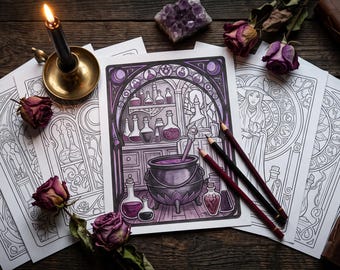 Könnte beinhalten: Eine Malvorlage mit einer violetten Illustration einer Hexenwerkstatt mit Kessel und Zaubertrankflaschen, dazu drei Buntstifte, eine brennende schwarze Kerze in einem Messinghalter, getrocknete Rosen und Amethystkristalle.