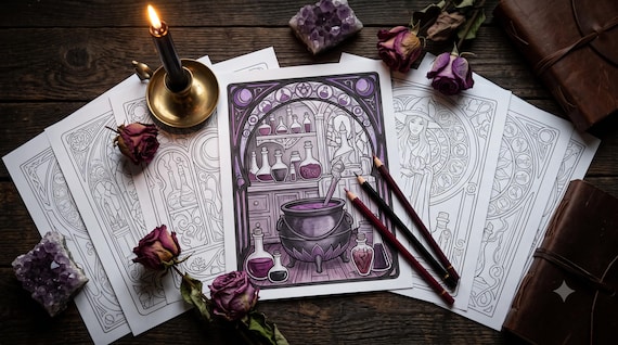 Gothic Witchcraft Coloring Book: Dark Academia Art Nouveau Pages, Printable PDF Instant Download