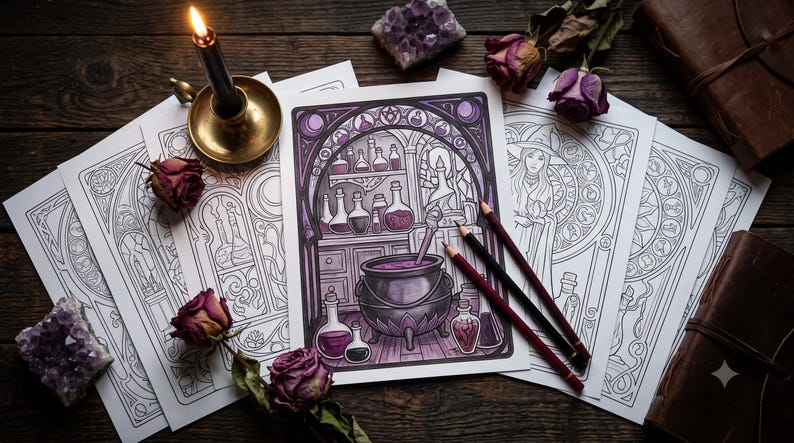 K&ouml;nnte beinhalten: Eine Malvorlage mit einer violetten Illustration einer Hexenwerkstatt mit Kessel und Zaubertrankflaschen, dazu drei Buntstifte, eine brennende schwarze Kerze in einem Messinghalter, getrocknete Rosen und Amethystkristalle.