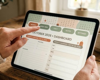 May include: A digital tablet displaying a planner interface titled OCTOBER 2026 DASHBOARD with tabs for Month, Week View, Daily, Notes, and Settings. The screen shows a weekly calendar for Oct 14-20, 2026, with sections for schedule and priorities.