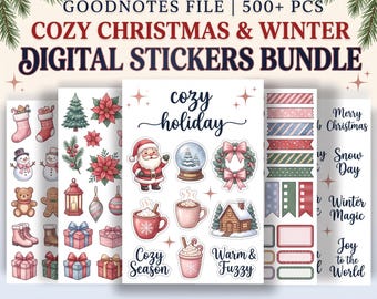 May include: A digital sticker bundle featuring Christmas and winter themes, including illustrations of Santa, snow globes, wreaths, hot cocoa, gifts, and text like Cozy Holiday, Warm & Fuzzy, Merry Christmas, and Joy to the World.
