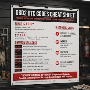 May include: A white rectangular wall poster titled OBD2 DTC CODES CHEAT SHEET with black and red text. It lists diagnostic trouble codes, code formats, common DTC codes, and numbered diagnostic steps for automotive technicians to follow.