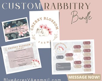 May include: A digital printable bundle for rabbit breeders. The bundle includes a thank you card, a certificate template, and a pedigree chart. The design features a cute bunny rabbit with pink cherry blossoms.