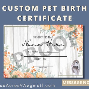 Acta de nacimiento de mascota personalizada / Rabbitry / Bunny / ARBA Show Breeder / Holland Lop