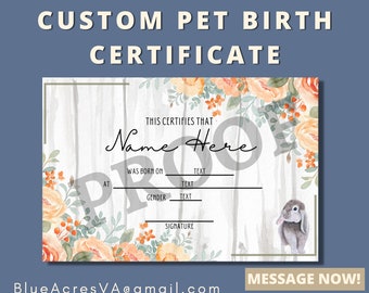 Custom Pet Birth Certificate | Rabbitry | Bunny | ARBA Show Breeder | Holland Lop