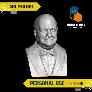 May include: A 3D model of a bust of a man wearing a suit and bow tie. The model is in grayscale and is set against a black background. The text "3D MODEL" is in the top left corner of the image. The text "DIMENSIONAL DESIGN LAB" is in the top right corner of the image. The text "PERSONAL USE CC-NC-ND" is in the bottom center of the image.