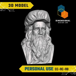May include: A 3D model of a bust of Leonardo da Vinci, a famous Italian Renaissance artist and inventor. The bust is made of white plastic and shows da Vinci's face and beard in detail. The model is for personal use only.